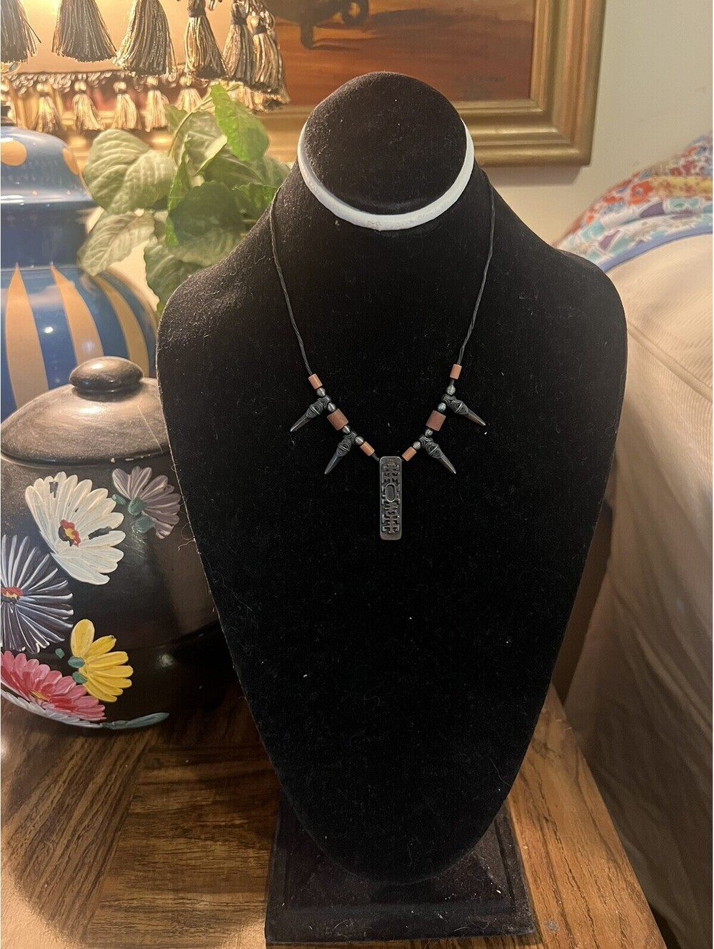 Signed JJ Silver Tone Tribal Face Metal Necklace on Leather Cord